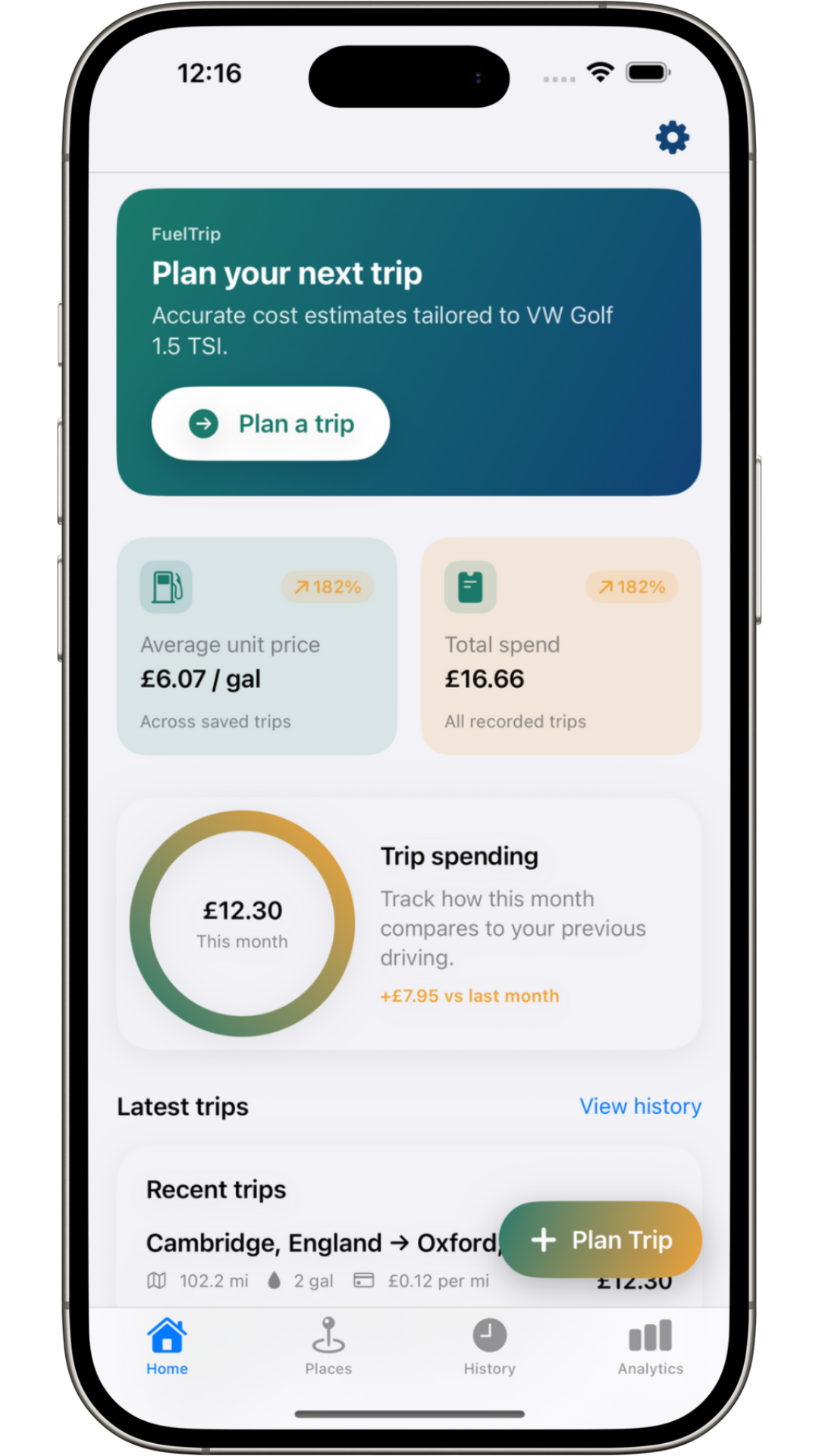 FuelTrip Home Dashboard